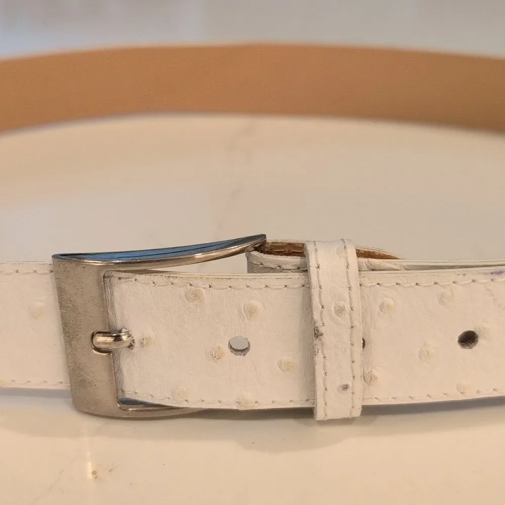 Cintura In Pelle White Ostrich Embossed Leather Belt Silver Buckle Made in Italy